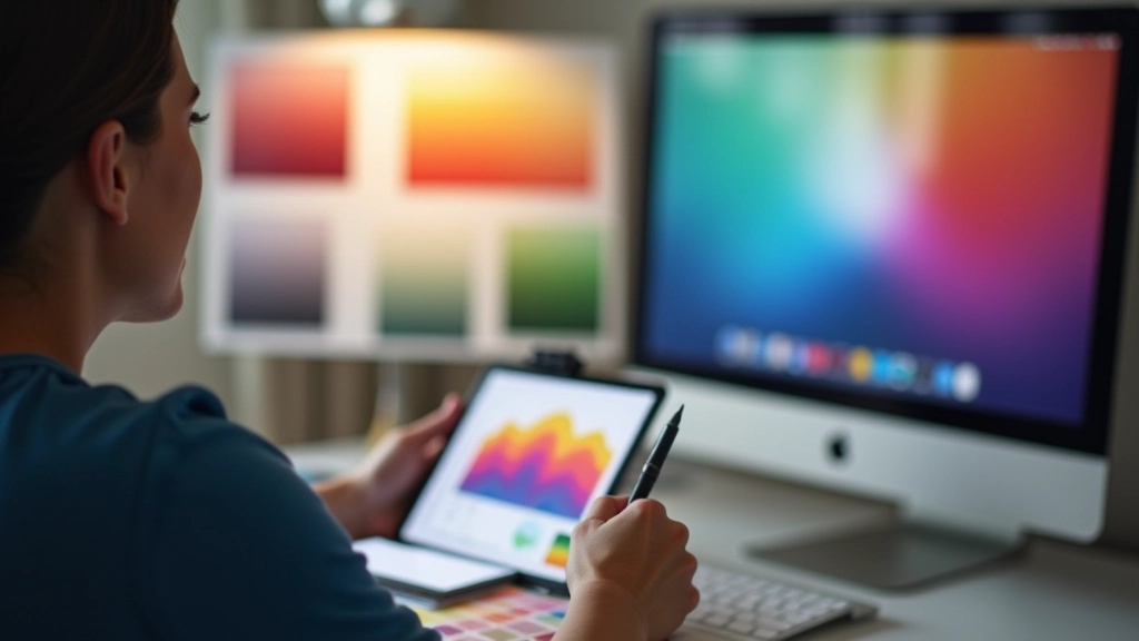 Paleta de cores profissional exibida em monitor com amostras de gradientes digitais e harmonia cromática