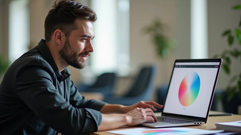 Computador portátil com interface de design mostrando uma paleta de cores em desenvolvimento com amostras cromáticas