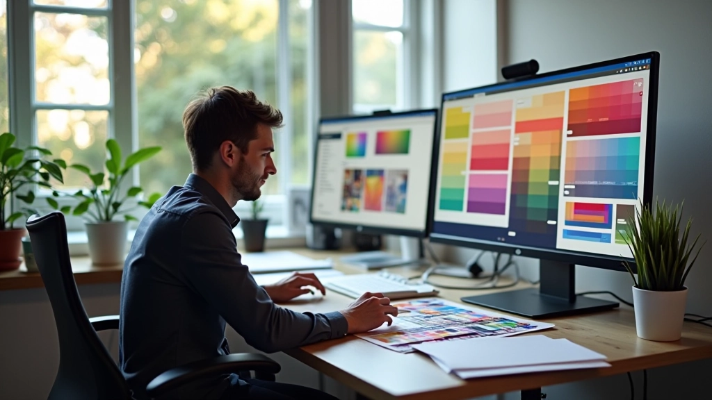 Designer trabalhando com paleta de cores em estação de trabalho moderna, rodeado de amostras de cor físicas