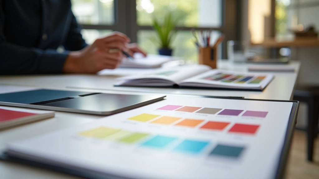 Estúdio de design com paletas de cores e amostras cromáticas profissionais